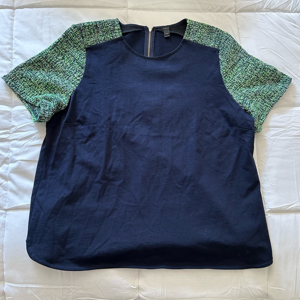 J. Crew Business Casual Blouse with Multicolor Tweed Sleeves
